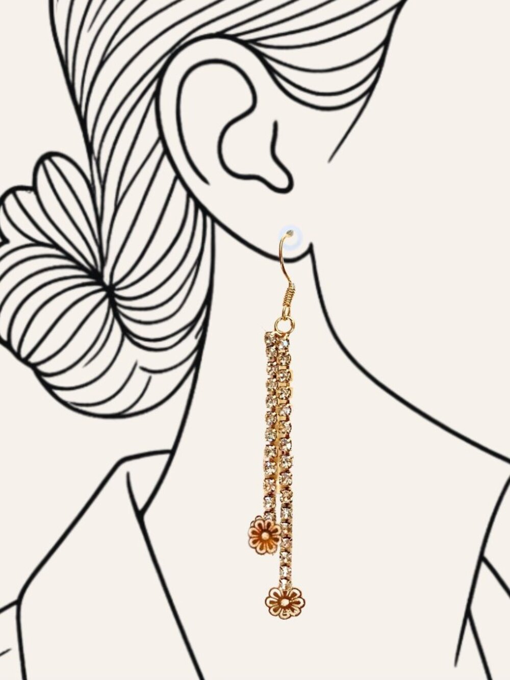 Jin Na La Dangling Gold Flowers Rhinestone Earrings Lightweight Whimsical Glam